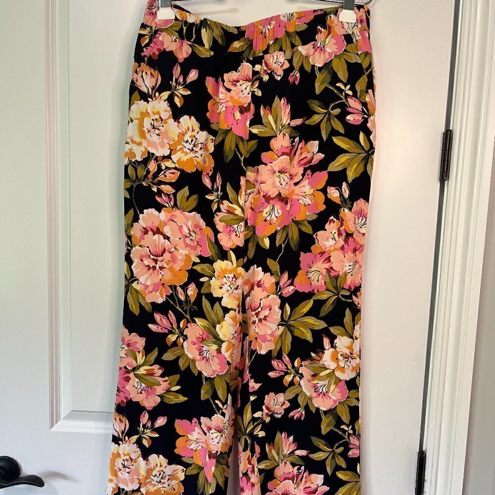 LOFT Floral Wide Leg Pants - Black, Pink, Yellow